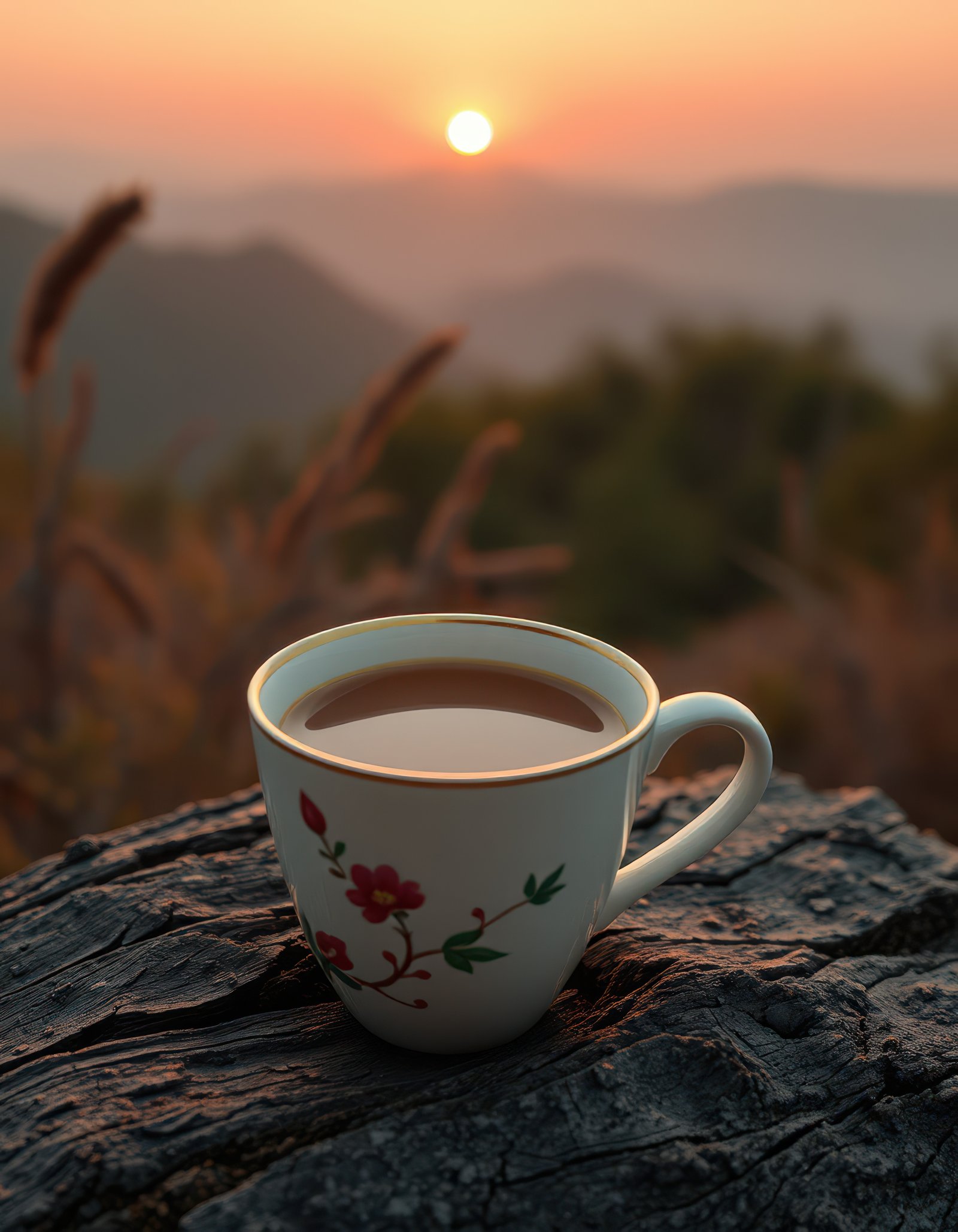 Enjoying coffee at sunrise over mountains with warm colors and soft light creating a tranquil atmosphere